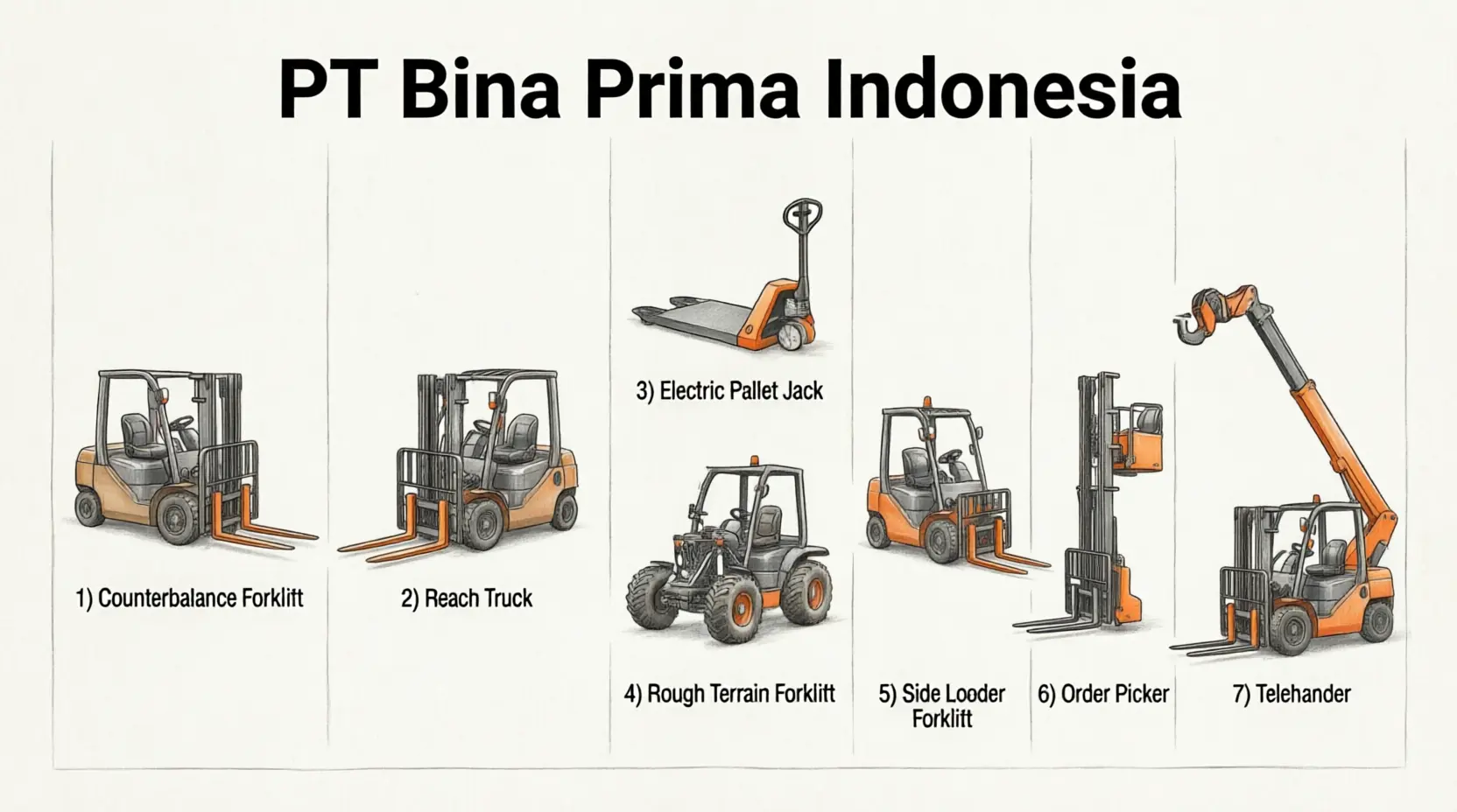 Ilustrasi 7 jenis jenis forklift beserta fungsi dan kegunaannya untuk industri gudang dan logistik