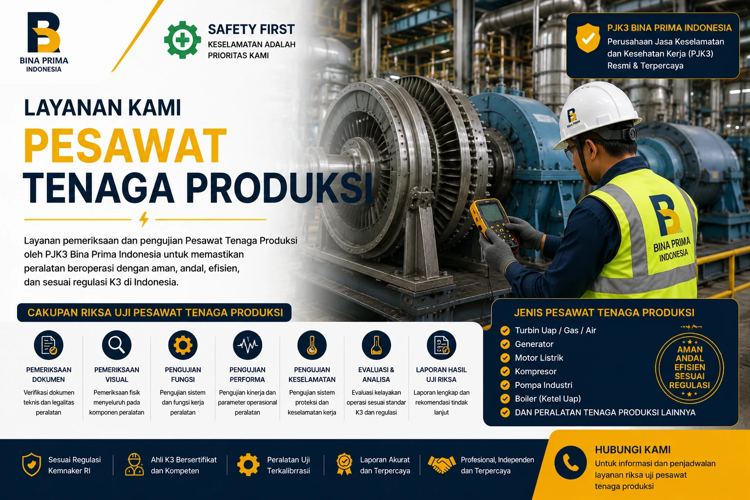 Teknisi inspeksi generator dan turbin industri bersertifikat PJK3