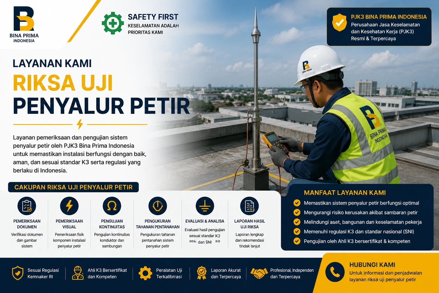 Teknisi riksa uji penyalur petir bersertifikat